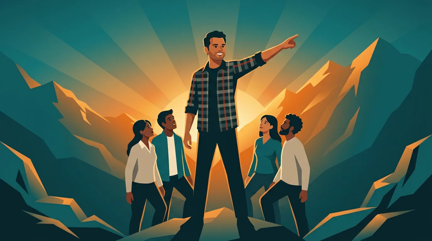 Illustration of a mentor guiding a group of students