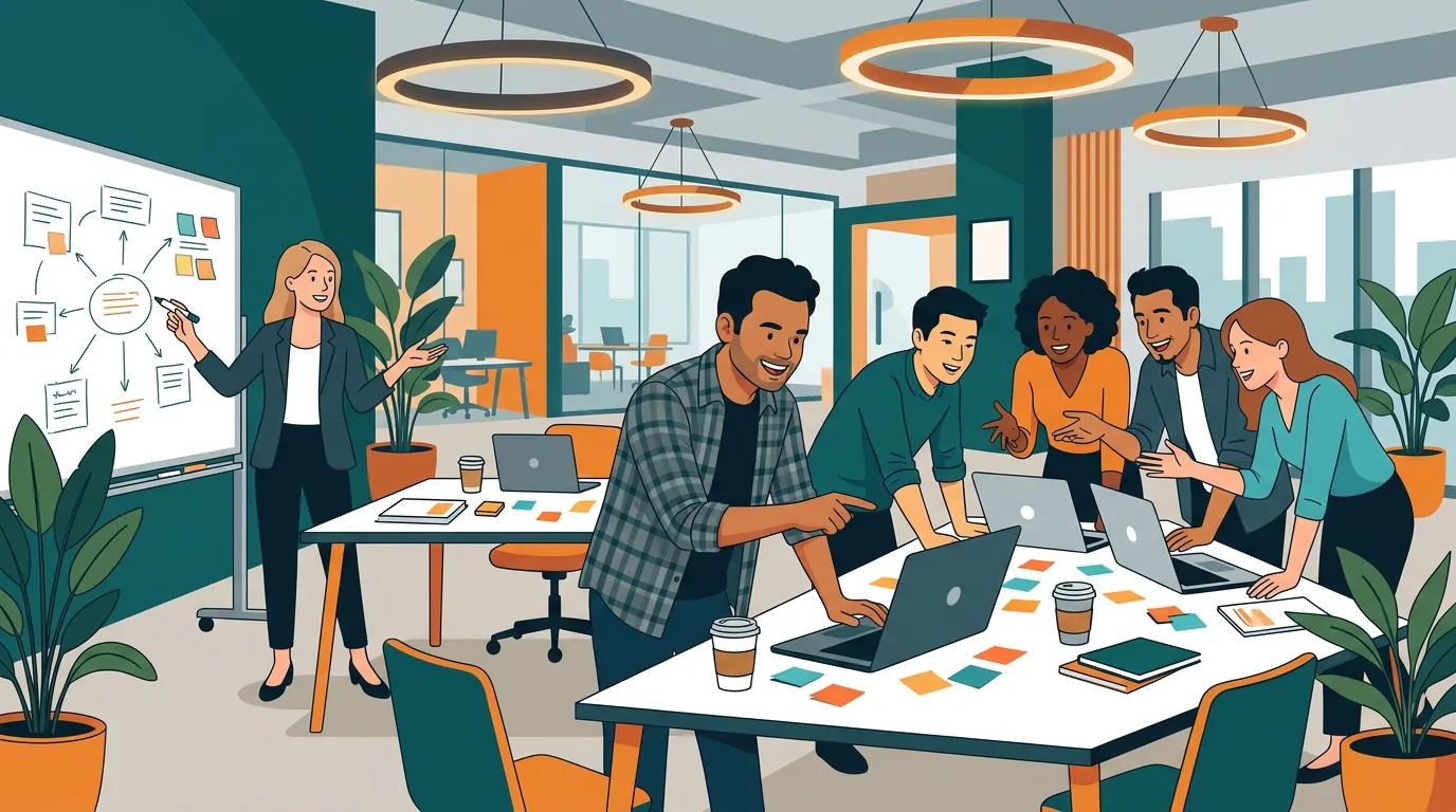 Illustration of a founder building a platform alongside a growing community