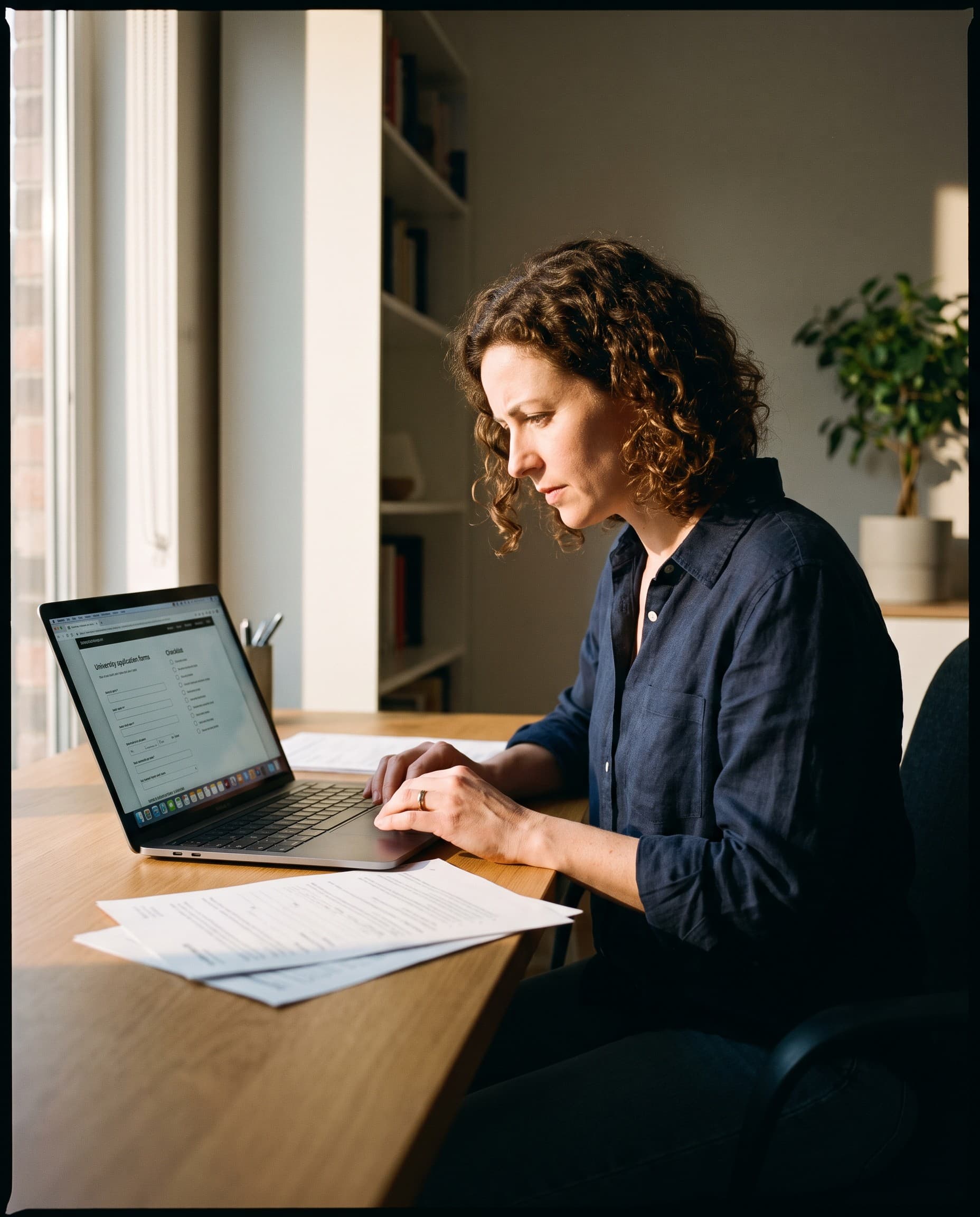 An independent recruitment consultant reviewing a student's application and documents on a laptop