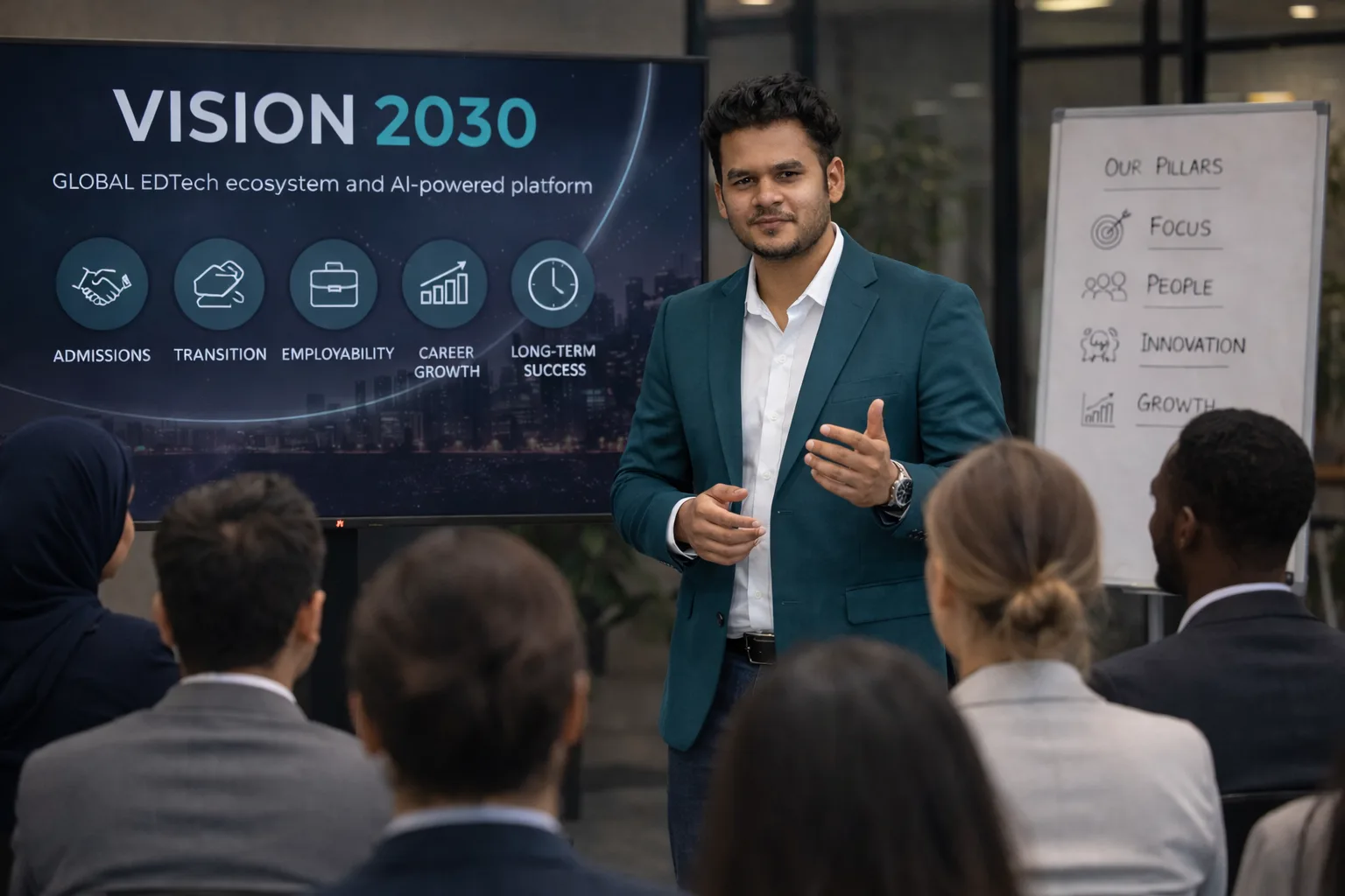 Shanth presenting Vision 2030 — a global EdTech ecosystem and AI-powered platform — to an audience